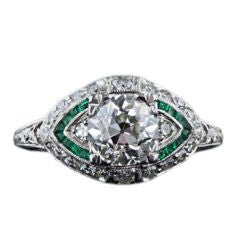 Art Deco 1.11 Carat Diamond and Emerald Engagement Ring