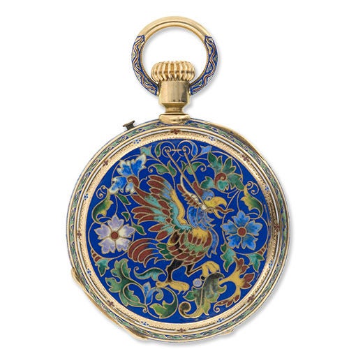 Museum quality, late 19th century, champleve, hunter case pocket watch in the style of Falize. The impeccable enamel work, in Etruscan Revival colors, depicts winged serpents surrounded with a whip-lashing foliate motif. The flawless, white enamel