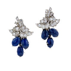 Vintage Platinum, Diamond and Cabochon Sapphire Earrings