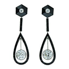 Pristine Art Deco Onyx and Diamond Drop Earrings