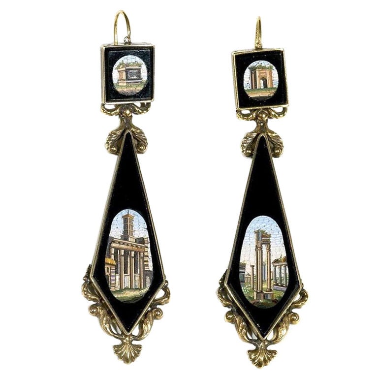 Gold-Mounted Micromosaic Pendant Earring