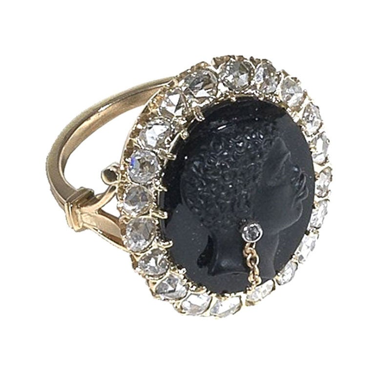 Hardstone Blackamoor Cameo Habille' Rose-cut Diamond Ring For Sale
