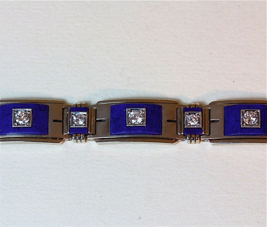 Women's Art Deco Lapis Lazuli , Diamond and Gold Bracelet
