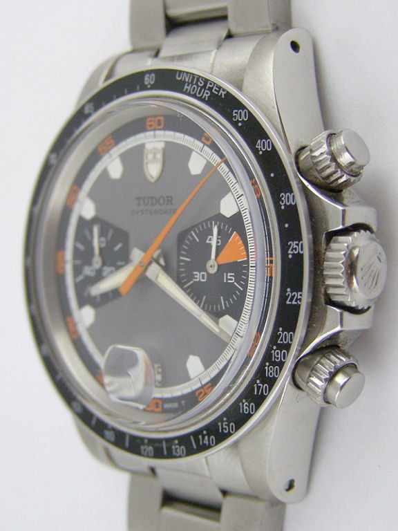 Tudor SS Monte Carlo 2 registers manual wind chronograph with date, serial # 759,xxx ref # 7031/0  circa 1972. Mint condition gray original dial with ivory colored luminous 