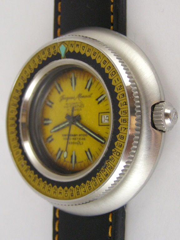Jacques Monnat SS self winding diver's watch with fabulous original yellow dial and yellow detailed elapsed time bezel. This is from the Jenny series of watches, marketed under various names, featuring the engraved 
