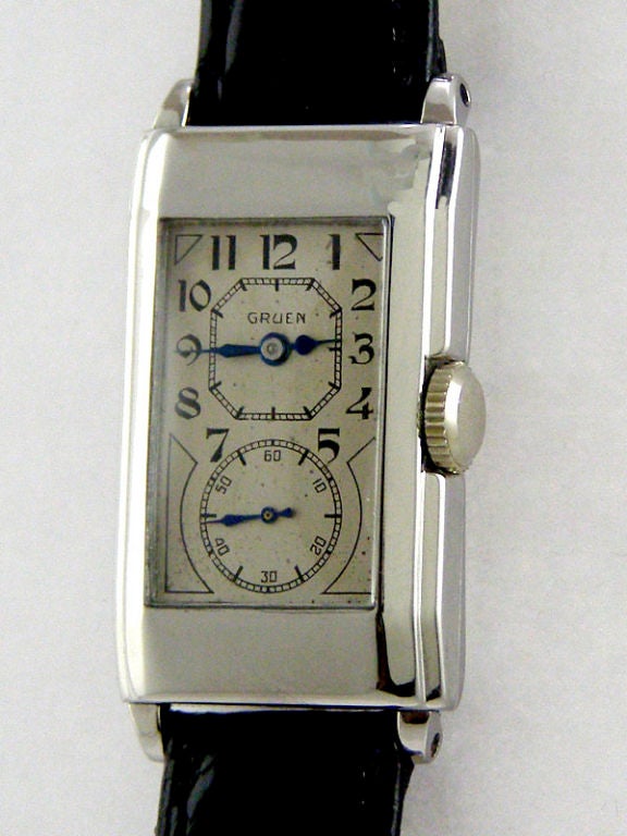 Gruen SS early doctor's duo dial wristwatch circa 1930's. Very scarce model with stepped 21 x 41mm case Art Deco style case. Silver original dial with arabic figures and separate subseconds hand. Calibre 877S movement made by Aegler is same calibre