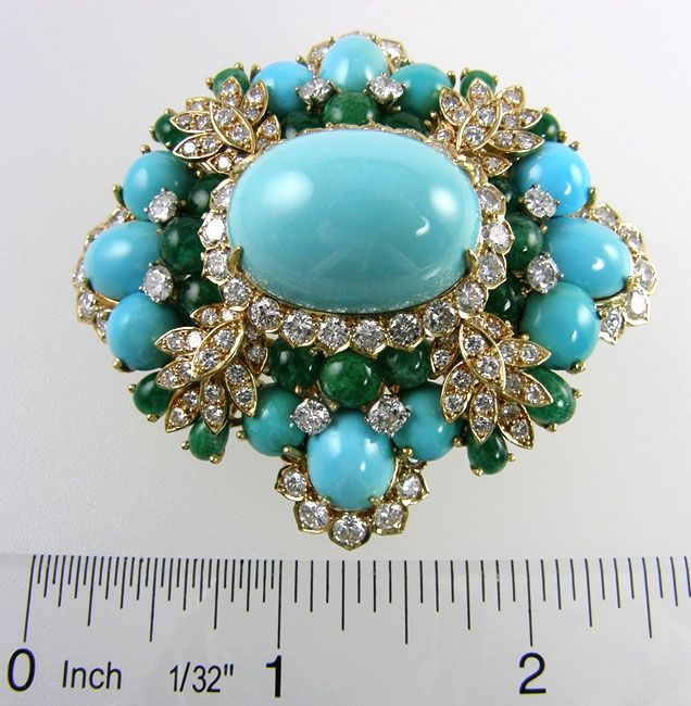 Amazing Turquoise Emerald and Diamond Brooch 5