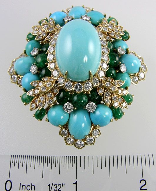 Amazing Turquoise Emerald and Diamond Brooch 6