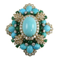 Amazing Turquoise Emerald and Diamond Brooch