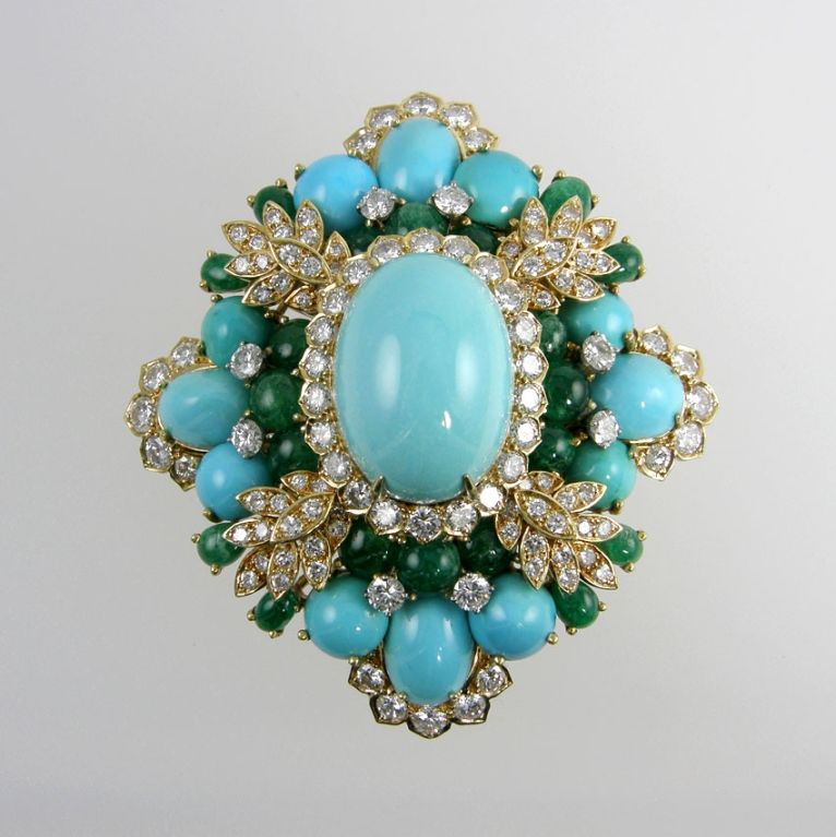 Huge Brooch, with pendant attachment, set with gorgeous turquoise, emerald and 9 carats in diamonds.