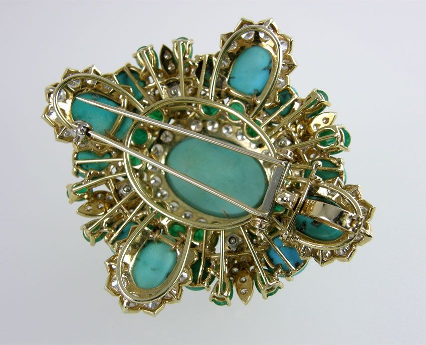 Women's Amazing Turquoise Emerald and Diamond Brooch