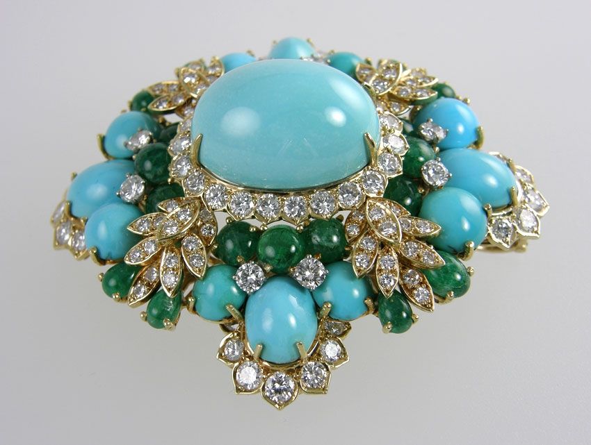 Amazing Turquoise Emerald and Diamond Brooch 1