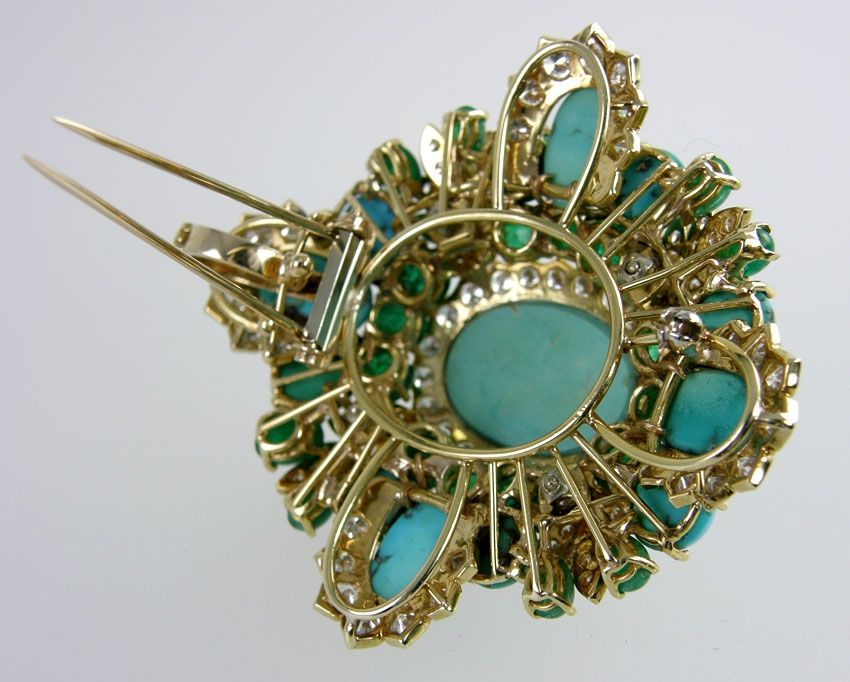 Amazing Turquoise Emerald and Diamond Brooch 2