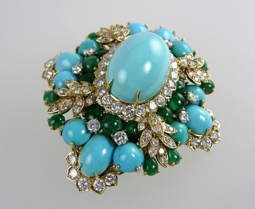 Amazing Turquoise Emerald and Diamond Brooch 3