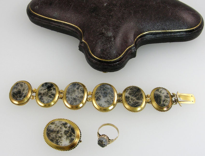 Victorian bracelet, brooch and ring (size 7 1/2) set in 14 karat yellow gold.  Circa 1890.