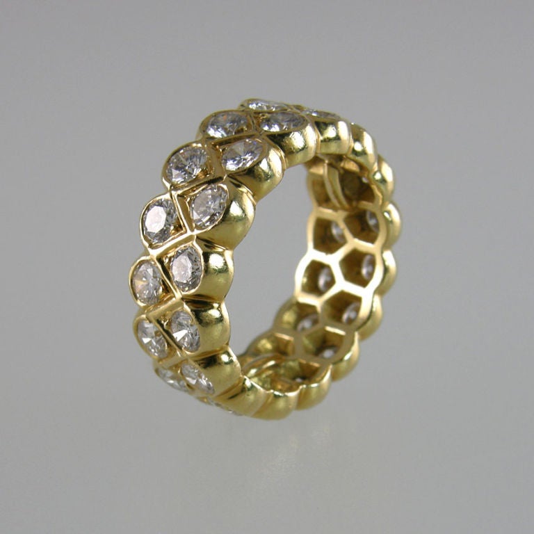 Round Cut Diamond Double Row Band in 18 Karat Yellow Gold For Sale