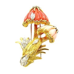 Coral Twin Mushroom Brooch