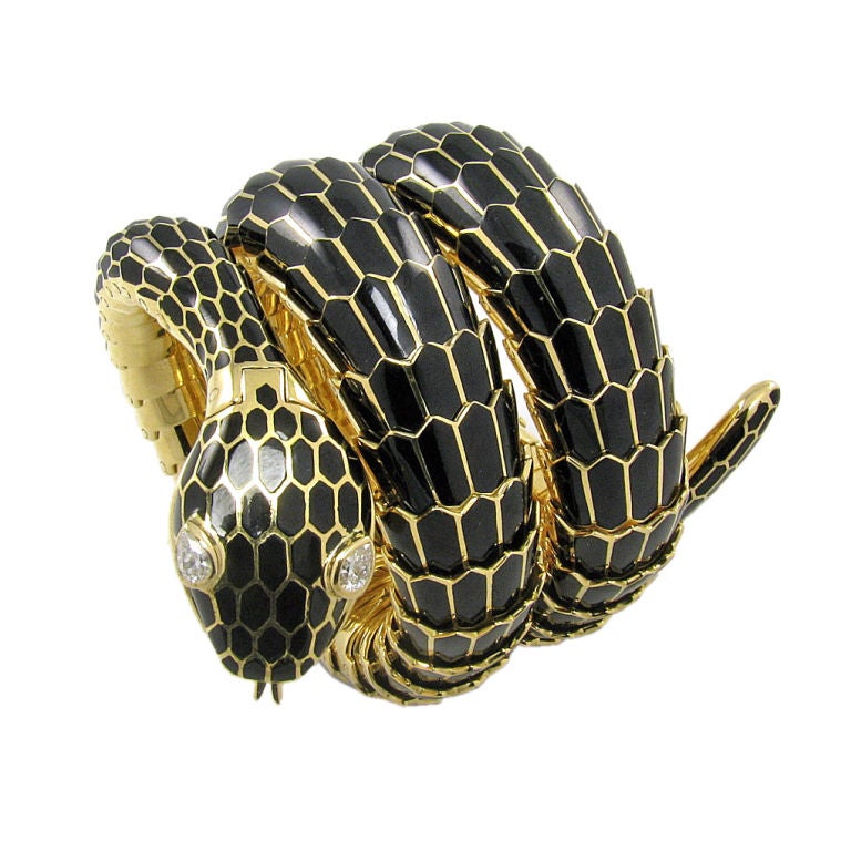 Gold and Black Enamel Snake Bracelet Watch at 1stDibs