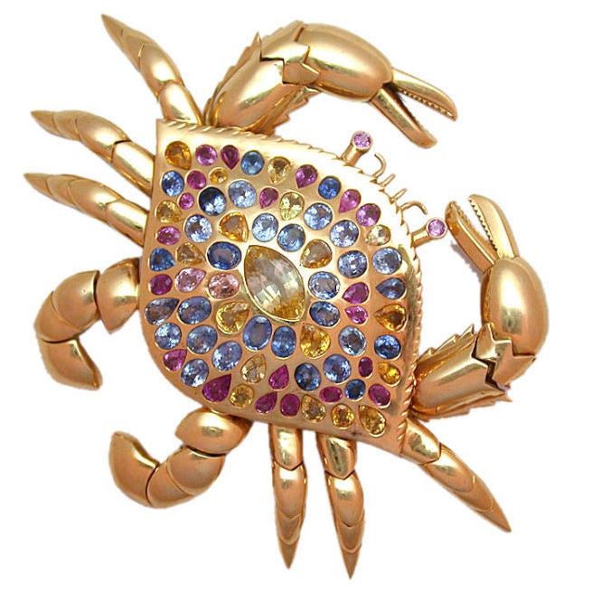 Whimsical Fancy-Colored Sapphire Crab Brooch For Sale
