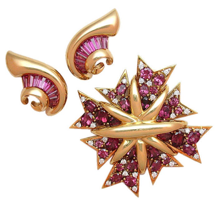 Verdura Pink Stone Brooch and Earclips at 1stdibs