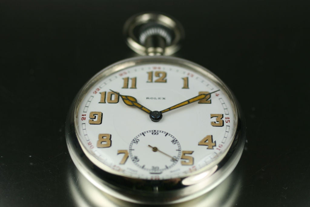 Rolex British Military pocket watch in stainless steel with porcelain dial with luminescence Arabic numerals and subsidiary seconds. Circa 1940's