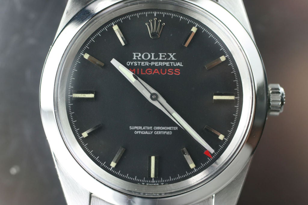 This is a very early Rolex Milgauss from the 1960s. It is one of the first model reference 1019 that was produced. It has an original mint condition black dial and special caliber 1580 manual wind movement. The watch comes with a protective