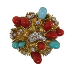 Tiffany coral and turquoise brooch