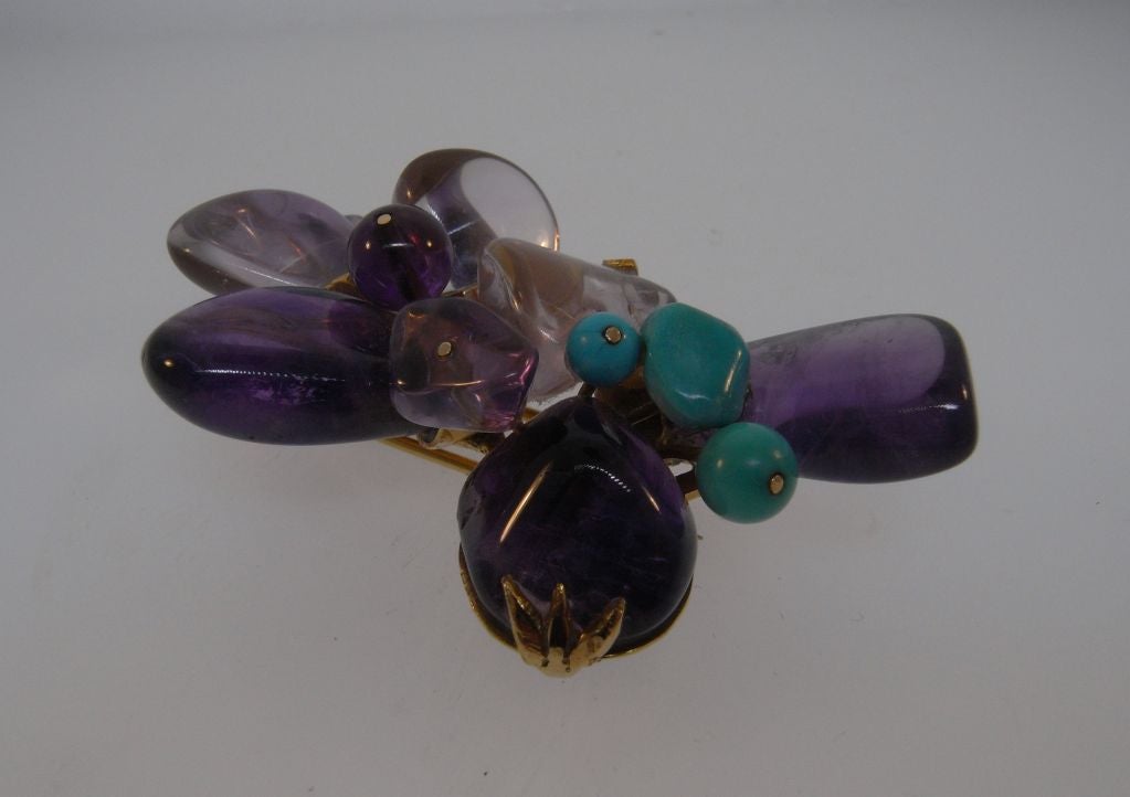 French amethyst and turquoise brooch