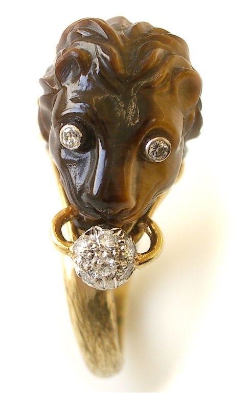 Gold Tigers Eye and Diamond Ring c1960