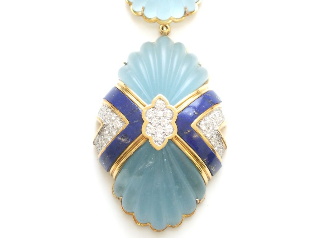 WANDER Gold Aquamarine Lapis Lazuli and Diamond Necklace In Excellent Condition In Cincinnati, OH