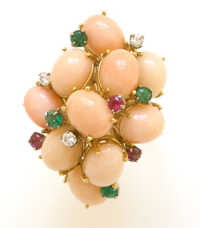 1960's Coral Diamond Emerald Ruby Gold Demi-Parure 2