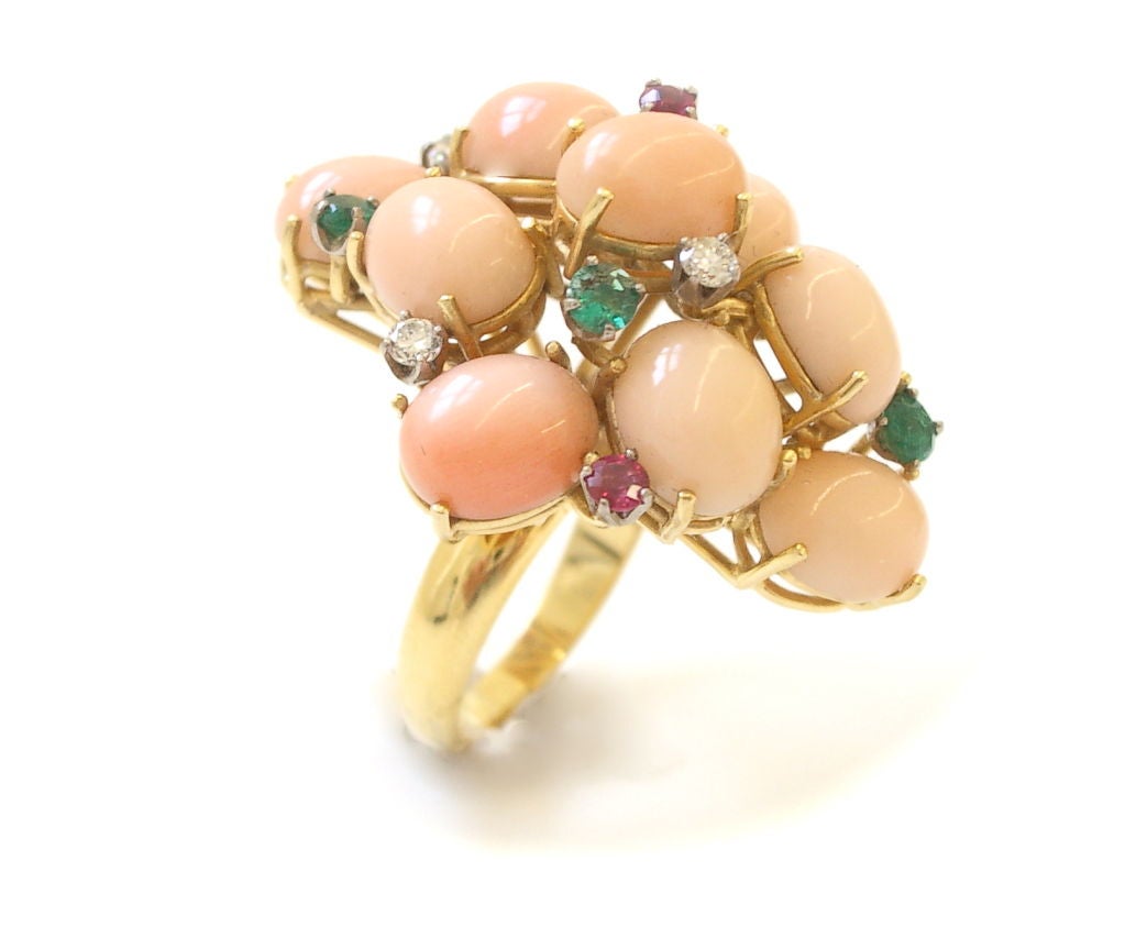 1960's Coral Diamond Emerald Ruby Gold Demi-Parure 3