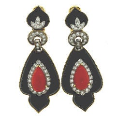 Long and Stylish Onyx, Coral & Diamond Earrings!