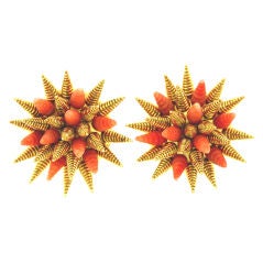 Rare Tiffany Pair of Gold and Coral "Sea Urchin" Dress Clips