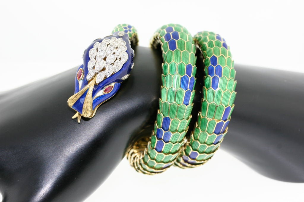 Incredible Enamel & Damond Coiled Serpent Bracelet