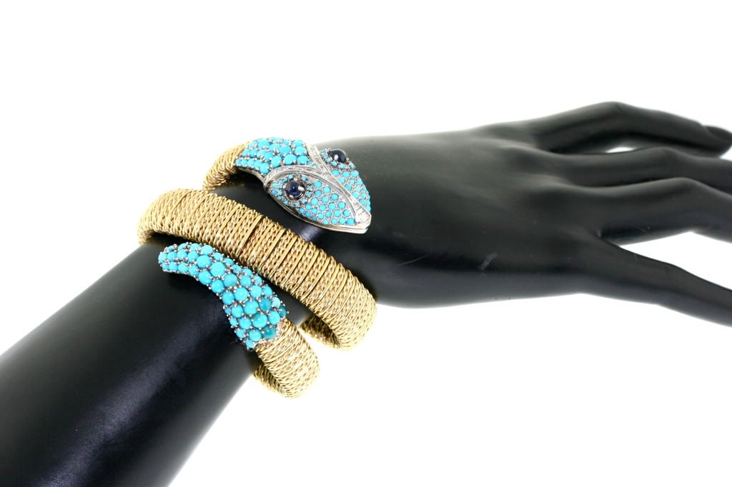 Stylish 1960s Turquoise & Diamond Serpent Wrap Bracelet 1