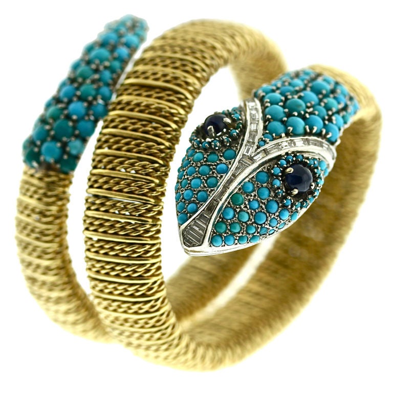 Stylish 1960s Turquoise & Diamond Serpent Wrap Bracelet