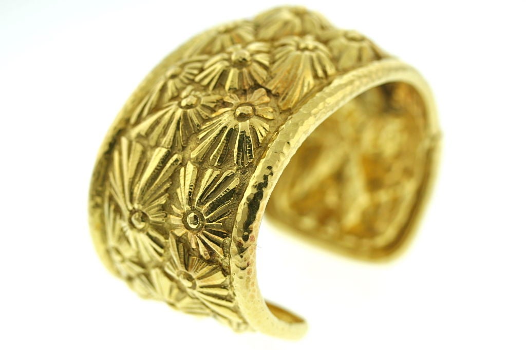 David Webb Hammered Gold Raised Flower Cuff