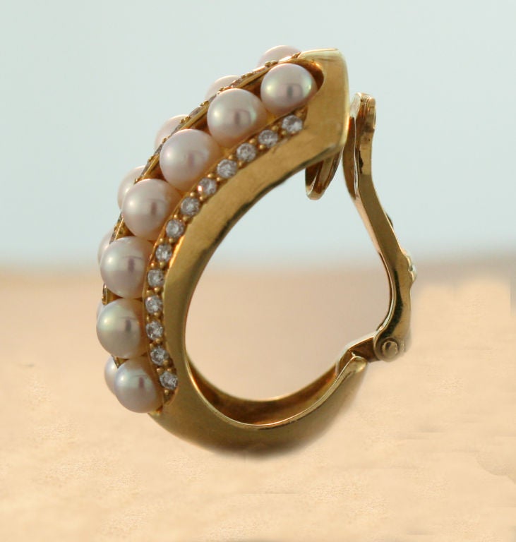 Diamond, Pearl and Gold Creole Hoop Earrings by Poiray of Paris
