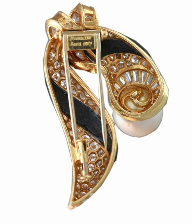 Looped Swag Diamond and Pearl Pin By MAUBOUSSIN Paris