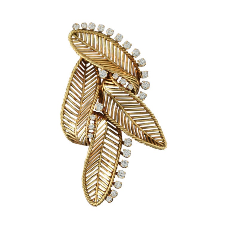 MARIANNE OSTIER Modernist Diamond and Gold Leaf Brooch For Sale