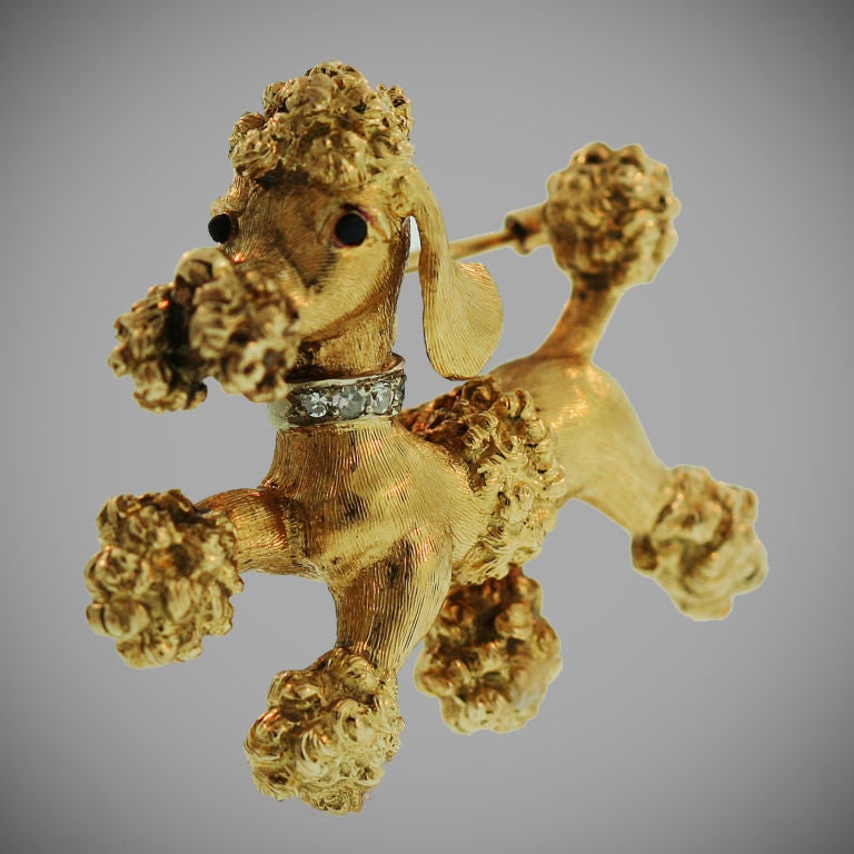 Delightful happy French Poodle gold and diamond brooch made in Italy for Cartier New York