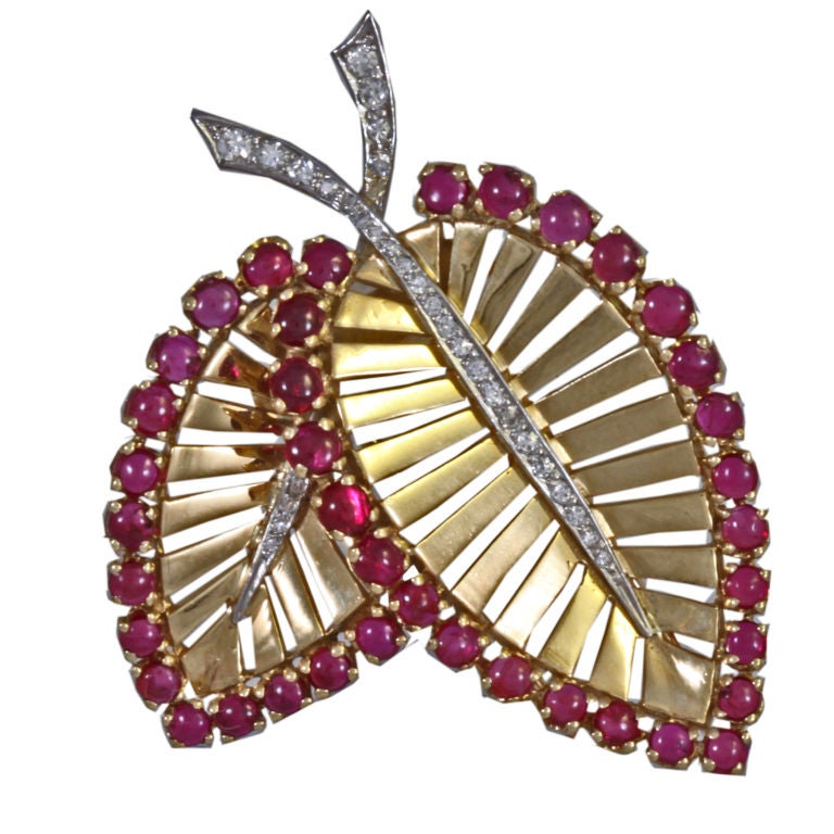 RAYMOND YARD Gold and Ruby Double Leaf Pin For Sale