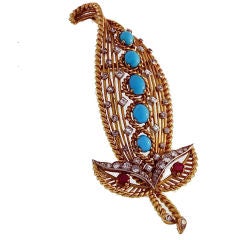 PIERRE STERLE Gold Turquoise Ruby Diamond Feather Pin
