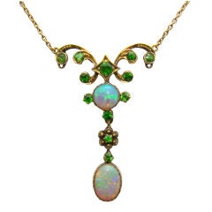 Antique 14K Yellow Gold, Opal & Tsavorite Green Garnet Necklace