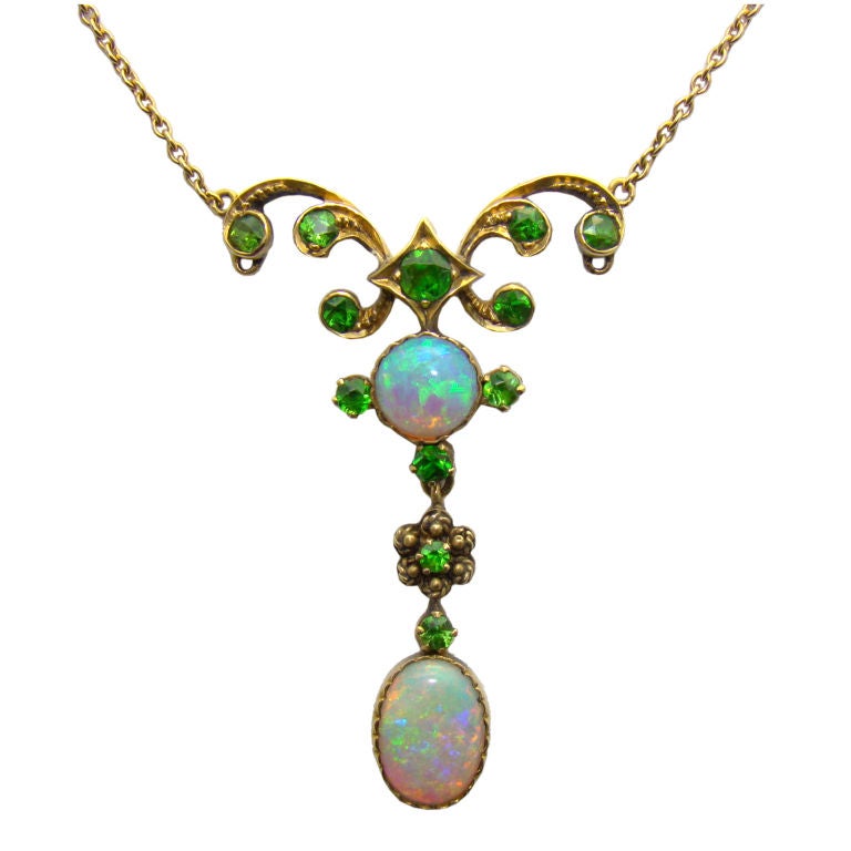 14K Yellow Gold, Opal and Tsavorite Green Garnet Necklace at 1stDibs