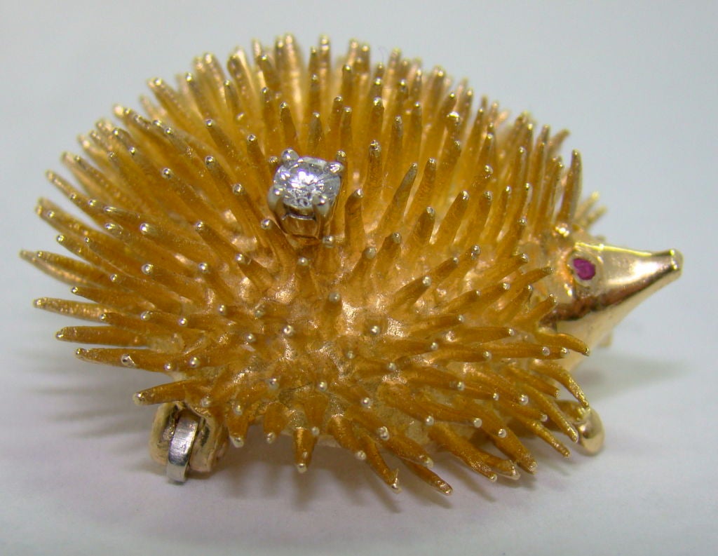 Women's A 14 Karat Yellow Gold, Ruby & Diamond Hedgehog Pendant
