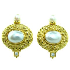 18K Yellow Gold, Pearl & Diamond Earrings by Elizabeth Gage
