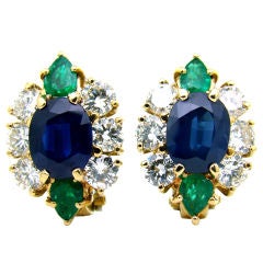 Vintage 18K Yellow Gold, Blue Sapphire, Diamond 
Emerald Earrings