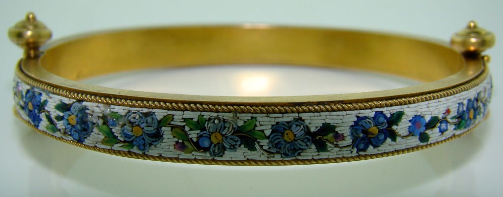 15 Karat Yellow Gold & Micro-Mosaic Two Sided Bangle Bracelet - circa 1880, original box. Very rare to find a micro-mosaic bracelet, as opposed to brooches, pendants, etc.